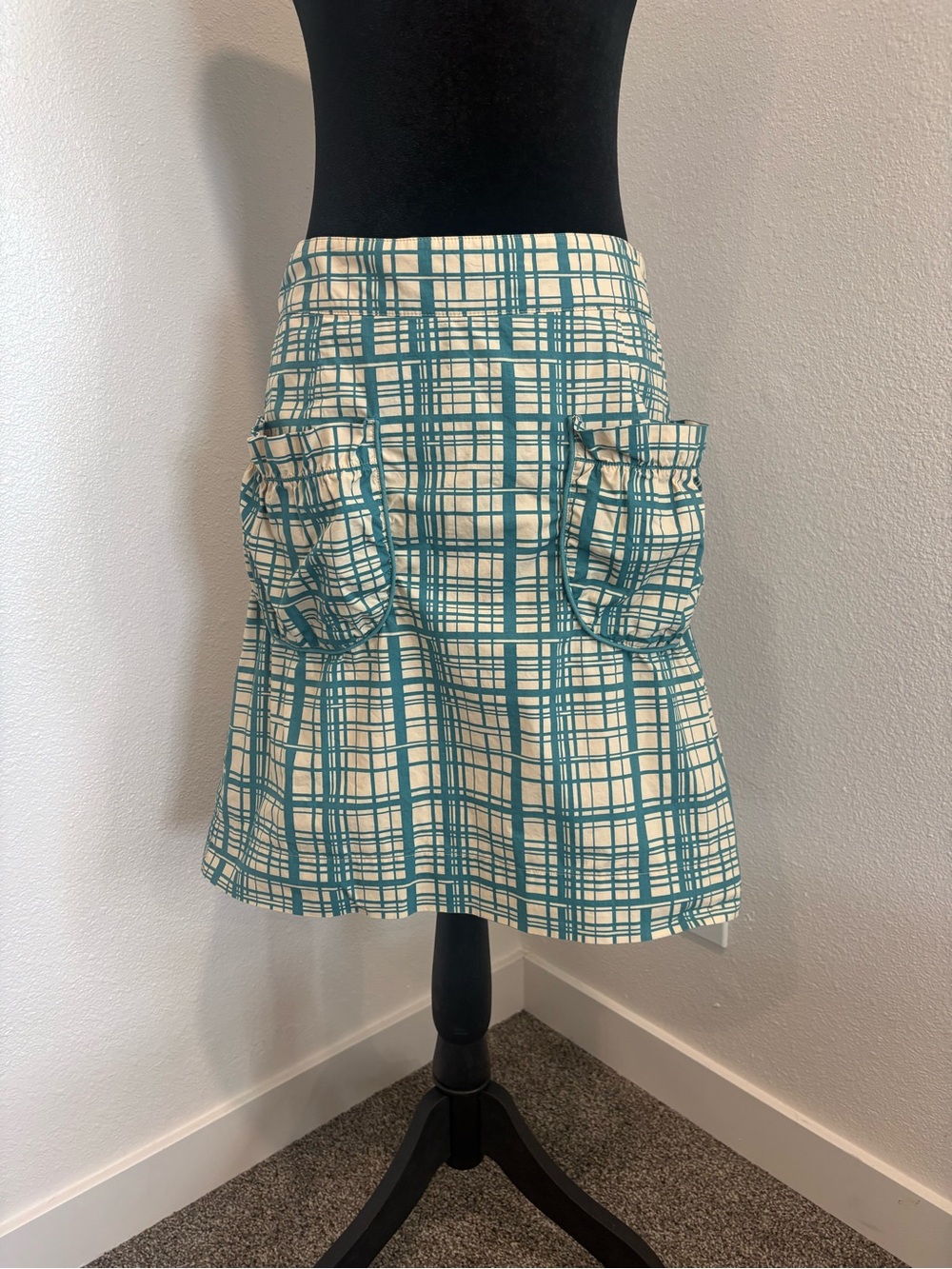 Women’s Cotton Teal Cream Plaid A-Line Skirt With Pockets
